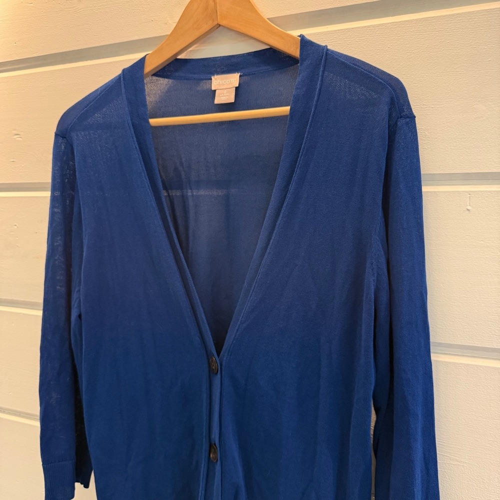 Chico's Sweater Women's 2 Large Blue Button Up Knit Cardigan 3/4 Sleeve Top